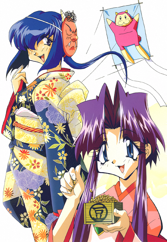 1990s_(style) 2girls blue_eyes blue_hair cherry_(saber_j) floral_print holding japanese_clothes kimono kite long_hair long_sleeves low_ponytail luchs mask mask_on_head multiple_girls non-web_source obi obijime official_art oni_mask open_mouth ponytail purple_hair retro_artstyle saber_marionette_j sash shimamura_hidekazu sidelocks simple_background white_background