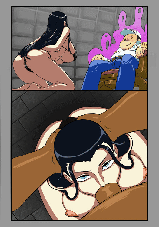 1boy 1girl animated animated_gif anus anythinggoes ass ass_focus aura bikini black_bikini black_hair blue_eyes bouncing_breasts breasts cameltoe curvy fellatio hetero huge_ass large_breasts long_hair looking_at_another marine_(one_piece) navel nico_robin nipples nude one_piece oral penis prisoner sequential shiny_skin sitting slave sunglasses sunglasses_on_head swimsuit thong_bikini uncensored wide_hips