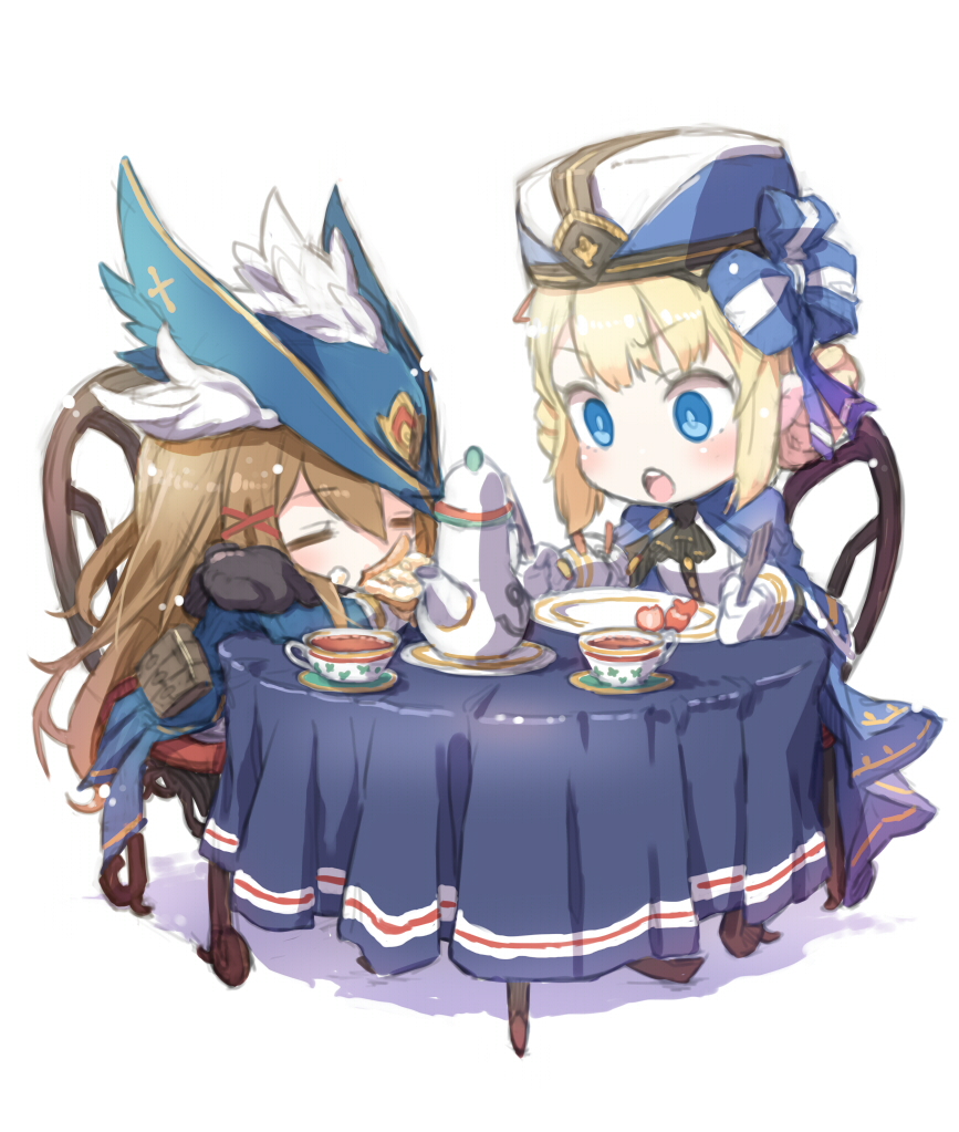 2girls azur_lane bag blonde_hair blue_eyes blue_headwear braid brown_hair cape chair chibi coat cup eating closed_eyes food food_theft fork gloves hair_ribbon hardy_(azur_lane) hat hunter_(azur_lane) knife long_hair long_sleeves military_hat multiple_girls neckerchief nekomanma-sensei open_mouth plate ribbon satchel short_hair sitting table tablecloth teacup teapot tricorne white_gloves