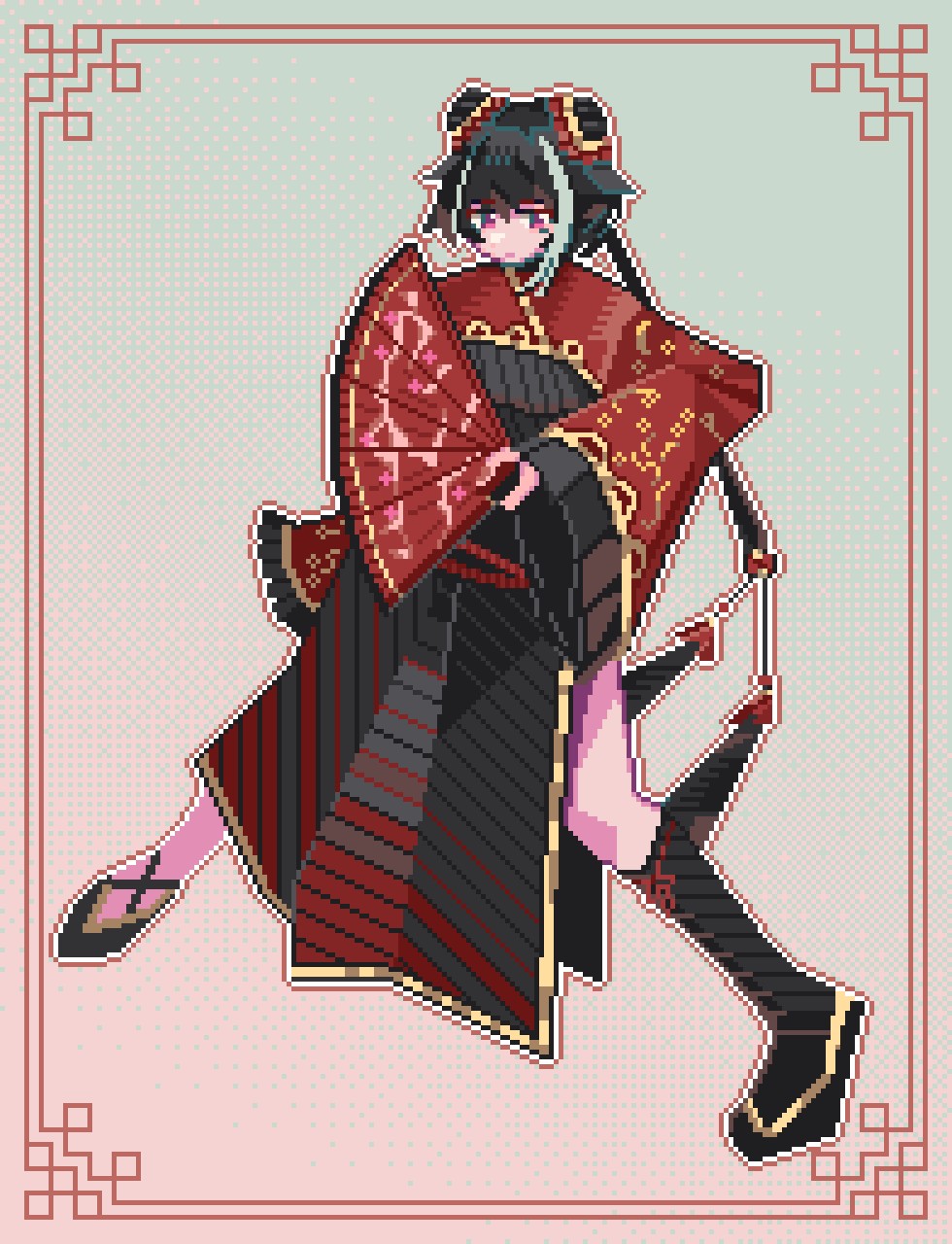 1girl asymmetrical_legwear black_dress black_hair china_dress chinese_clothes double_bun dress full_body gradient_background hair_bun hand_fan highres jia_xichun_(project_moon) limbus_company long_hair multicolored_hair pink_eyes pixel_art port project_moon red_shrug sandals solo streaked_hair twintails white_streaks yunwho