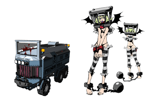 ass ball_and_chain_restraint barefoot bela_guillotinna black_toenails cage cuffs demon_wings english_text guillotine heart_lock nail_polish official_art prison_clothes promotional_art restrained striped_clothes tailenders thong toenail_polish toenails tongue tongue_out vehicle wings