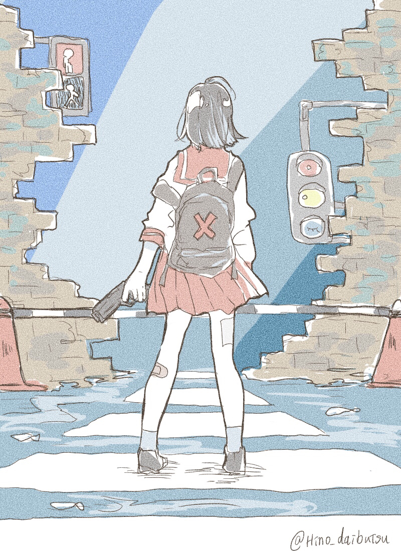 1girl ahoge backpack bag bandaid bandaid_on_leg bare_legs black_background black_hair brick_wall colored_skin crosswalk facing_away full_body gun handgun holding holding_gun holding_weapon long_sleeves nagata_(hino_daibutsu) original pleated_skirt red_sailor_collar red_skirt sailor_collar school_uniform serafuku short_hair skirt solo standing traffic_cone traffic_light twitter_username weapon white_serafuku white_skin x