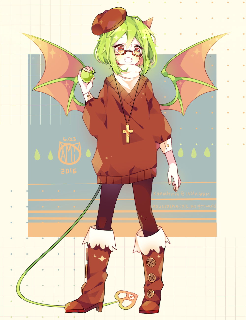 1girl 2016 apple beret black_pantyhose boots buttons colored_skin cross cross_necklace dated demon_girl demon_horns demon_tail demon_wings food fruit full_body funamusea glasses green_apple green_hair green_wings grid_background haiiro_teien hair_between_eyes hat highres holding holding_food holding_fruit horns jewelry kamochiru light_blush necklace pantyhose red-framed_eyewear red_boots red_eyes red_sweater semi-rimless_eyewear shirt short_hair sidelocks single_horn smile solo standing sweater tail teeth watermark white_shirt white_skin wings yosafire_(funamusea)