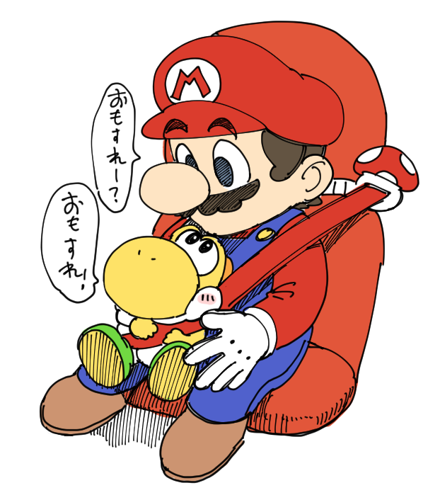 1boy blue_eyes car_seat dancho_no_mori facial_hair gloves hat japanese_text looking_at_another looking_down looking_up male_focus mario mario_(series) mustache nintendo overalls seatbelt sitting speech_bubble yellow_yoshi yoshi