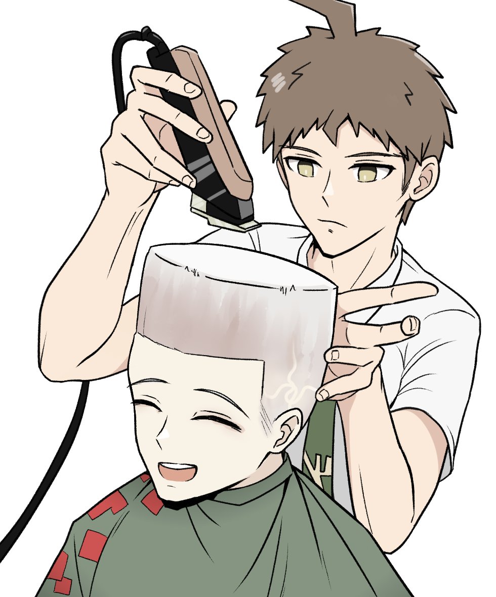 2boys ahoge alternate_hairstyle brown_eyes brown_hair choso_giving_toudou_a_haircut_(meme) collared_shirt danganronpa_(series) danganronpa_2:_goodbye_despair electric_razor fade_(haircut) frown green_jacket green_necktie grey_background grey_hair hairdressing hinata_hajime holding holding_razor jacket kmnm_1403 komaeda_nagito male_focus meme multiple_boys necktie razor shirt short_hair short_sleeves simple_background smile upper_body