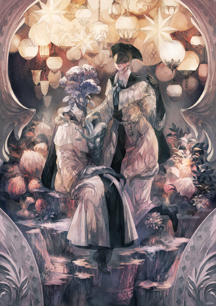 1girl alternate_form bell bloodborne dress hat hunter_(bloodborne) hunter_(bloodborne)_(milkweed) lantern looking_at_viewer monster sitting tentacles the_old_hunters yoshioka_(haco) yso_ac yurie_the_last_scholar