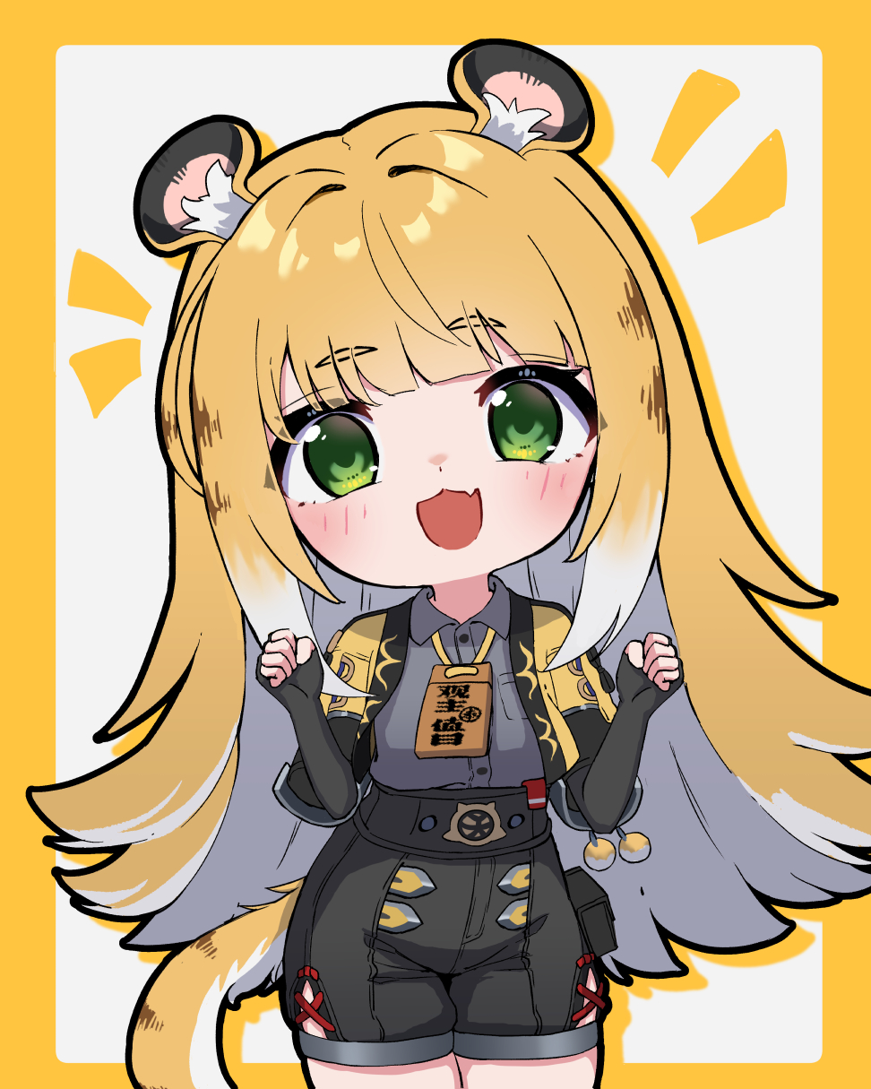 1girl animal_ear_fluff animal_ears blonde_hair blush green_eyes high-waist_shorts highres jacket ju_fufu long_hair looking_at_viewer open_mouth orange_fur shorts simple_background smile solo striped_fur tail tiger_ears tiger_girl tiger_tail white_background yume_tiem zenless_zone_zero