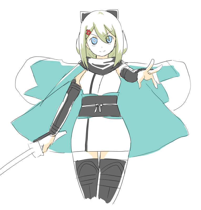 &gt;:) 1girl arm_guards black_thighhighs blue_eyes bow closed_mouth cosplay cropped_torso fate_(series) green_bow green_hair hair_between_eyes hair_bow hair_ornament hairclip haori holding holding_sword holding_weapon japanese_clothes katana kimono koha-ace looking_at_viewer muu_(mumumer) okita_souji_(fate) okita_souji_(koha-ace) okita_souji_(koha-ace)_(cosplay) original outstretched_arm sleeveless sleeveless_kimono smile solo sword thighhighs v-shaped_eyebrows weapon white_kimono yunomiya_agari