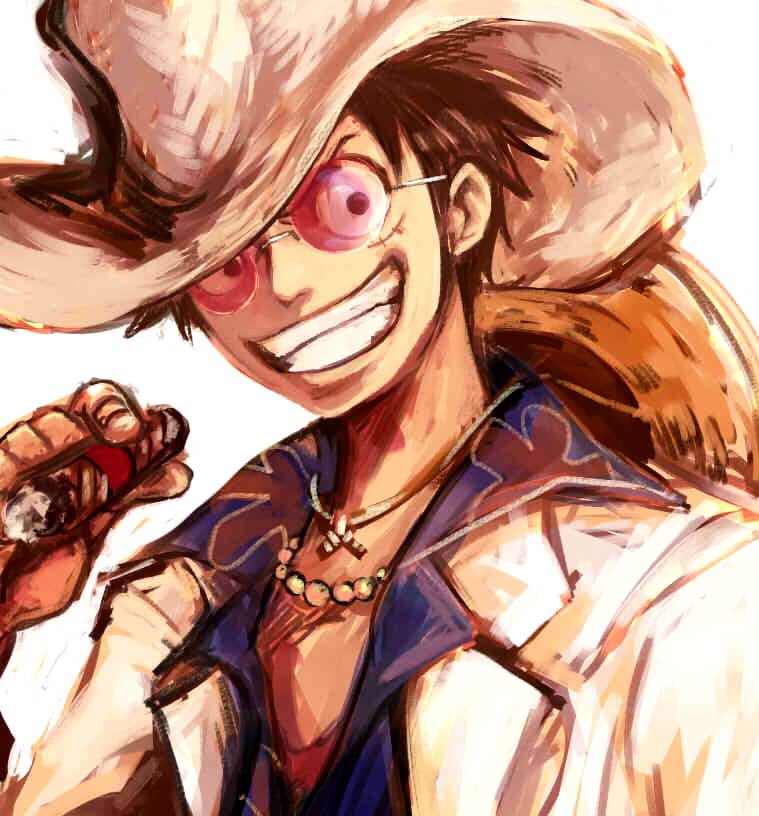 1boy black_hair cigar commentary_request glasses hat holding holding_cigar jacket jewelry looking_at_viewer male_focus monkey_d._luffy necklace one_piece one_piece_film:_gold pearl_necklace short_hair simple_background smile solo straw_hat torapunch upper_body white_background white_jacket