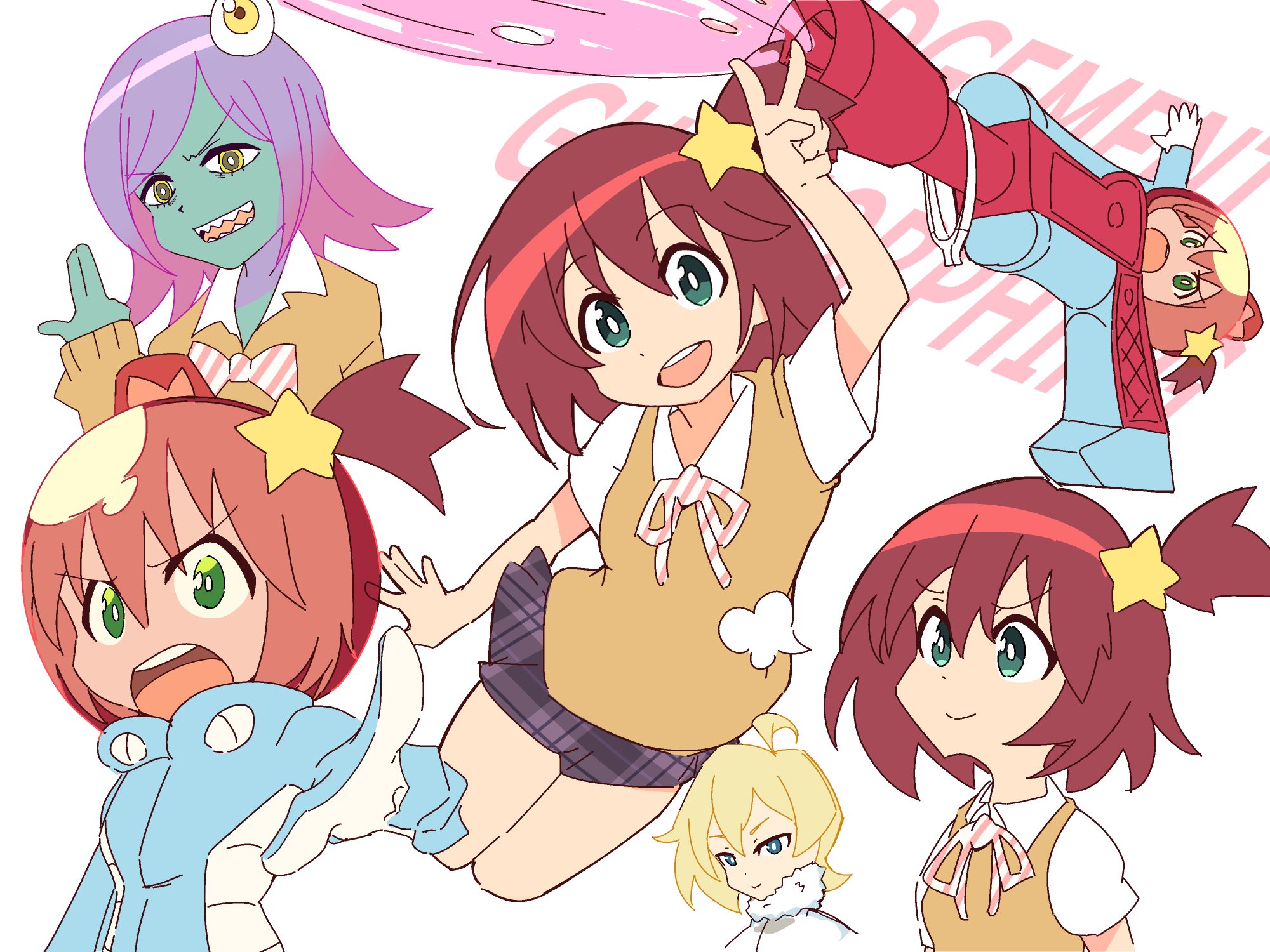 1boy 2girls alpha_omega_nova bluearcadegames brown_hair green_eyes highres judgement_gun_morphing luluco midori_(uchuu_patrol_luluco) multiple_girls smile spacesuit thighs uchuu_patrol_luluco