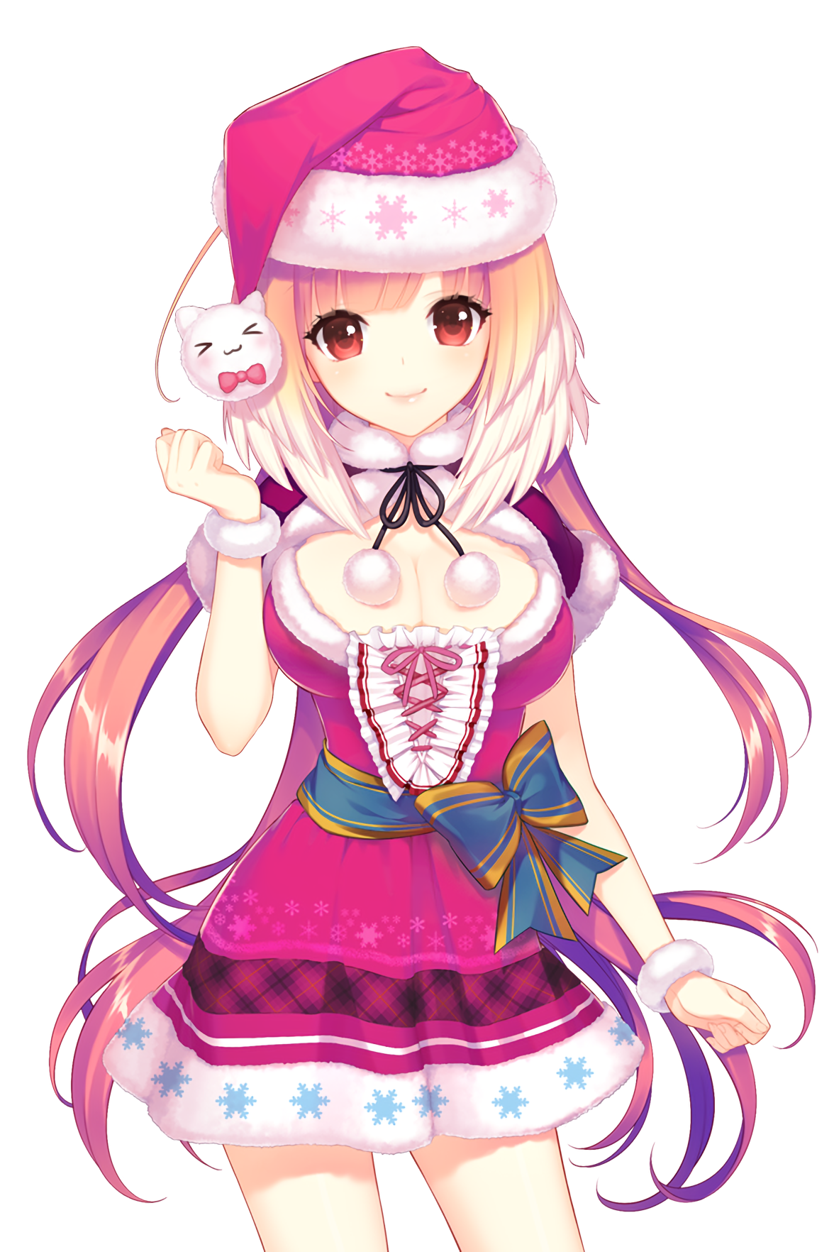 1girl blue_ribbon breasts cat_hair_ornament christmas cleavage dress hair_ornament hat highres large_breasts long_hair looking_at_viewer official_art pink_hair pink_ribbon red_eyes ribbon santa_costume santa_dress santa_hat selena_(soccer_spirits) shirahane_nao snowflake_print soccer_spirits transparent_background