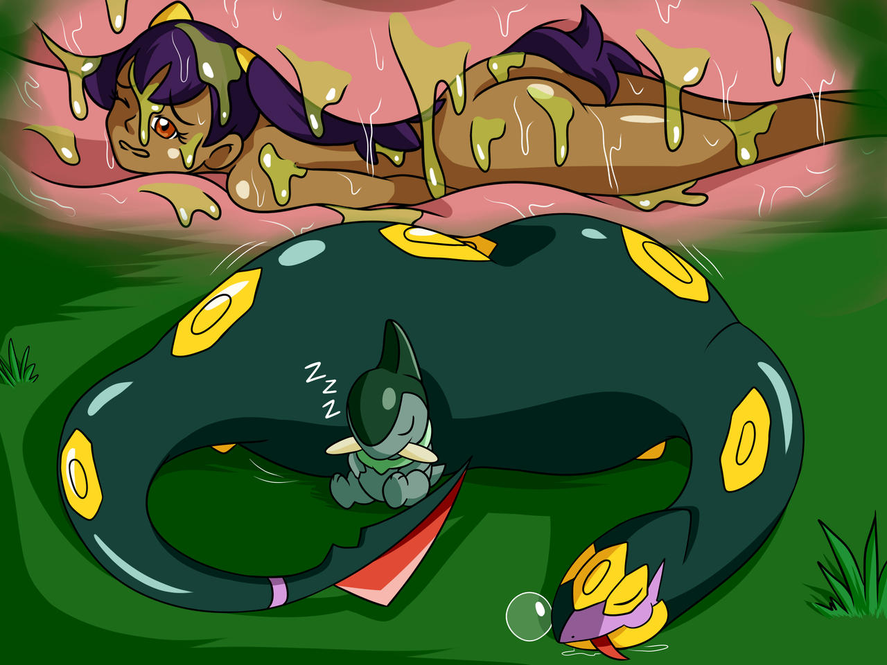 1girl acid ass axew bad_end betrayal bubble bulge cross-section dark-skinned_female dark_skin digesting_girl digestion dragon gen_3_pokemon gen_5_pokemon gym_leader imminent_death inside_creature iris_(pokemon) krlitosss nintendo nude one_eye_closed outdoors pokemon pokemon_(creature) pokemon_bw seviper sleeping snake stomach stomach_bulge vore wince zzz