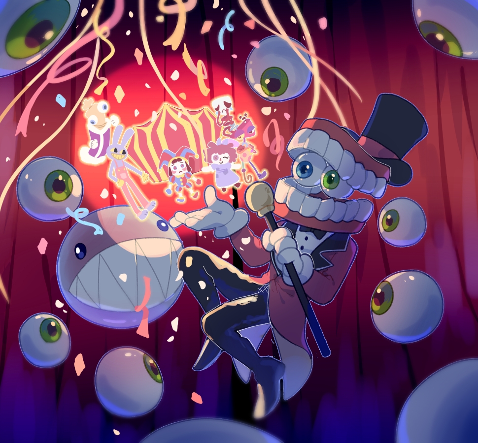 1other 3boys 4girls black_bow black_bowtie black_footwear black_hat black_pants blue_eyes bow bowtie bubble_(the_amazing_digital_circus) caine_(the_amazing_digital_circus) commentary dentures eyeball gangle_(the_amazing_digital_circus) glitch_productions gloves green_eyes hat heterochromia holding holding_wand jax_(the_amazing_digital_circus) kinger_(the_amazing_digital_circus) multiple_boys multiple_girls pants pomni_(the_amazing_digital_circus) ragatha_(the_amazing_digital_circus) red_curtains teeth tent the_amazing_digital_circus tianzhao_daiyushen top_hat wand white_gloves zooble_(the_amazing_digital_circus)