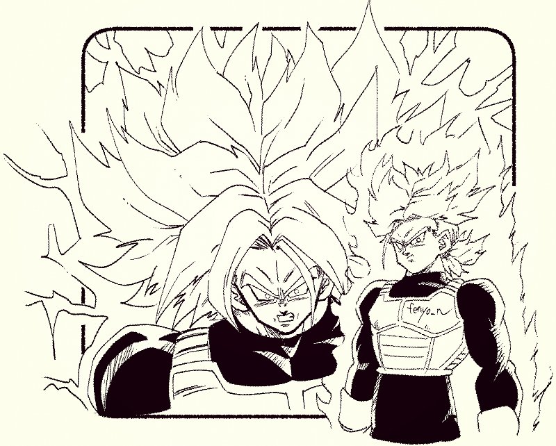 1boy angry aura dragon_ball fenyon lightning looking_at_viewer muscular muscular_female serious solo super_saiyan toriyama_akira_(style) transformation trunks_(dragon_ball) trunks_(future)_(dragon_ball)