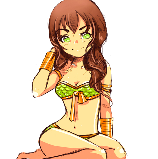 1girl alternate_color bikini bracer breasts brown_hair cleavage closed_mouth commentary dancer_(ragnarok_online) english_commentary foot_out_of_frame green_bikini green_eyes hand_in_own_hair long_hair looking_at_viewer medium_breasts pickacolour ragnarok_online seiza simple_background sitting smile solo swimsuit white_background