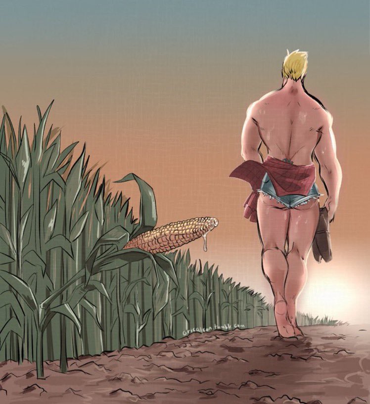 1boy ass bara barefoot blonde_hair clothes_around_waist corn corn_field country_girls_make_do_(meme) denim denim_shorts facing_away from_behind full_body gradient_sky implied_after_masturbation male_focus meme micro_shorts muscular muscular_male oricalcon outdoors overwatch shirt shirt_around_waist short_hair shorts sky soldier:_76_(overwatch) solo walking walking_away