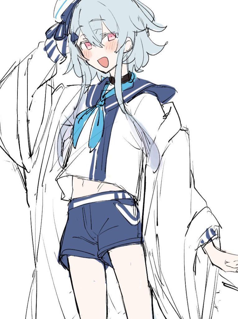 1boy alternate_costume azuma_shino black_choker blue_hair blue_ribbon blue_shorts choker hat jacket long_sleeves male_focus midriff midriff_peek mizuki_(arknights) neckerchief pink_eyes ribbon sailor_collar sailor_shirt shirt shorts sketch smile solo standing white_background white_jacket