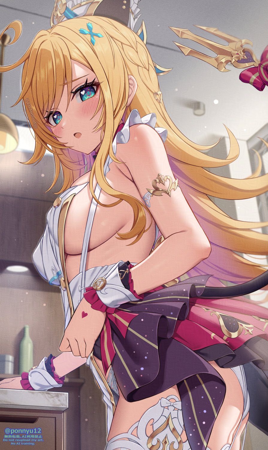 1girl blonde_hair blue_eyes blush breasts chef_hat commentary_request cowboy_shot dress escoffier_(genshin_impact) fork_hair_ornament frilled_wrist_cuffs frills from_below genshin_impact hat highres indoors large_breasts long_hair looking_at_viewer looking_down open_mouth ponnyu12 sideboob sleeveless sleeveless_dress solo twitter_username white_dress white_hat wrist_cuffs
