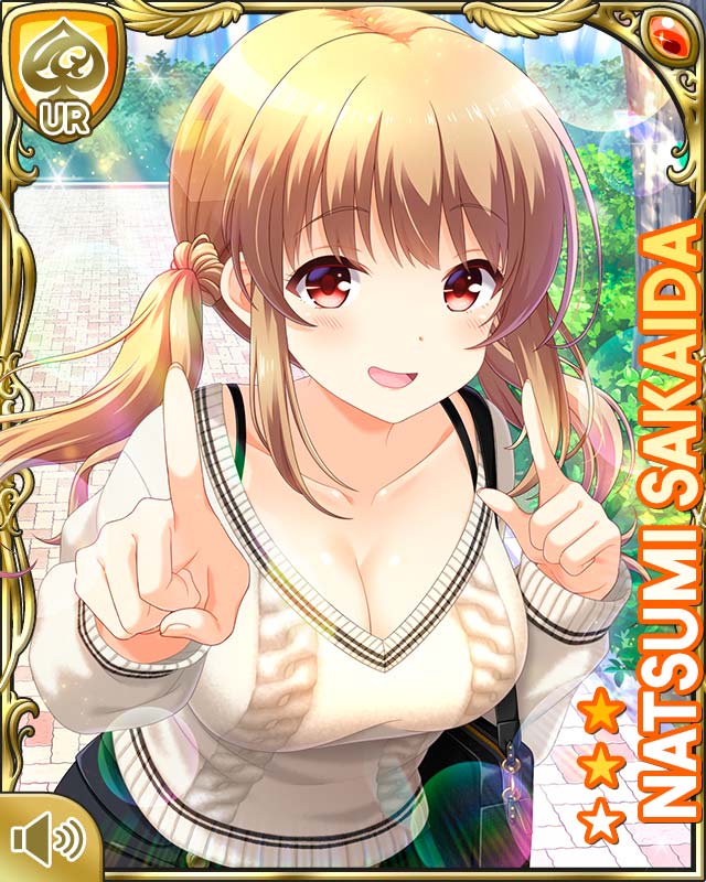 1girl :d bag black_shorts black_thighhighs breasts brown_hair card_(medium) character_name cleavage close-up day female_focus food_truck girlfriend_(kari) grey_thighhighs hair_ornament handbag large_breasts long_hair looking_at_viewer official_art open_mouth outdoors pink_scrunchie pointing pointing_at_viewer qp:flapper red_eyes sakaida_natsumi scrunchie shorts smile solo sparkle standing sweater thighhighs white_sweater
