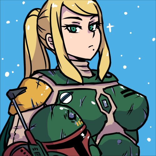 1girl akairiot blonde_hair boba_fett boba_fett_(cosplay) cosplay female_focus green_eyes helmet long_hair looking_at_viewer lowres metroid mole mole_under_mouth nintendo ponytail samus_aran solo star_wars super_smash_bros. unworn_headwear unworn_helmet
