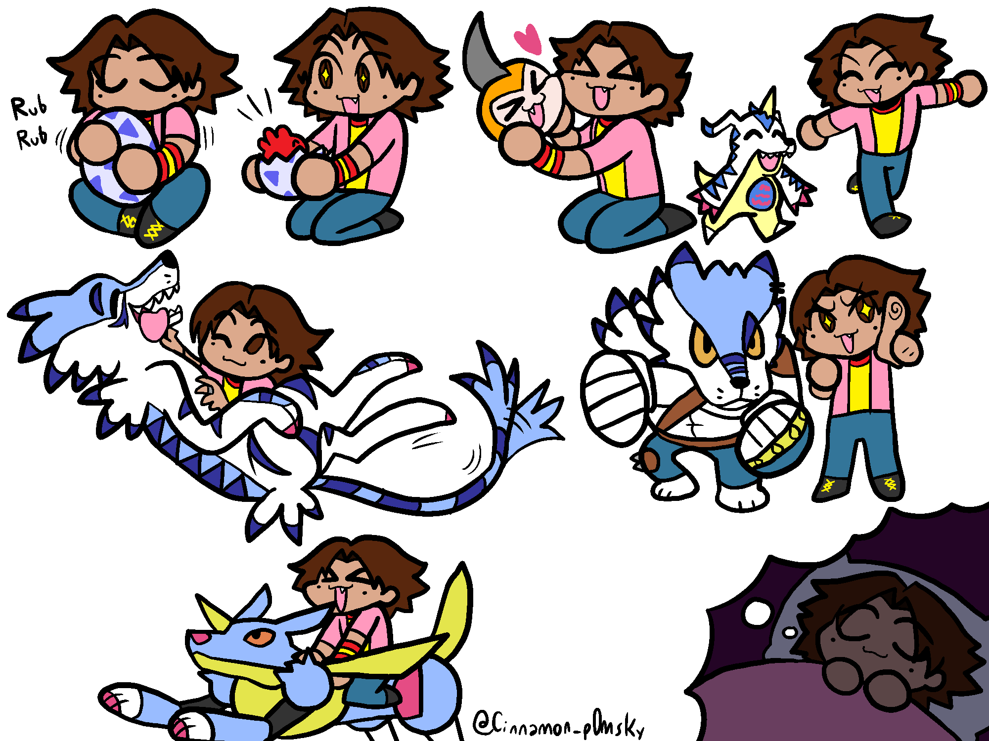 closed_eyes digimon digimon_(creature) digitama dreaming egg evolutionary_line gabumon garurumon highres metalgarurumon punimon sharp_teeth smile tail teeth tongue tongue_out tunomon weregarurumon wings