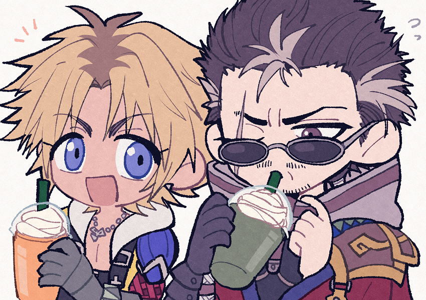 2boys armor auron black_hair bleached_hair blonde_hair blue_eyes brown_eyes chibi closed_eyes drink drinking drinking_straw earrings facial_hair final_fantasy final_fantasy_x flying_sweatdrops glasses gloves grey_hair holding holding_drink hood jacket japanese_armor jewelry male_focus multicolored_hair multiple_boys necklace one_eye_closed open_clothes open_jacket open_mouth ponytail roots_(hair) scar scar_on_face short_hair smile streaked_hair sunglasses tidus ttnoooo whipped_cream