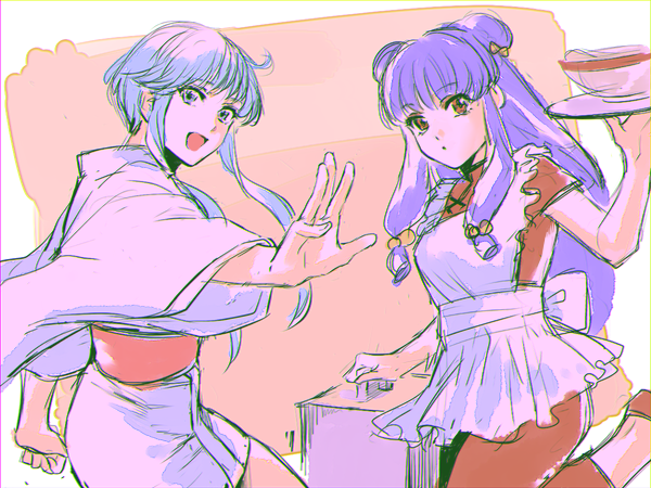 01rosso 2girls apron blue_eyes blue_hair bow chinese_clothes double_bun hair_bow hair_bun jigoku_sensei_nube maid_apron multiple_girls okamochi_(container) open_mouth pants purple_hair ranma_1/2 red_eyes red_footwear red_pants red_shirt shampoo_(ranma_1/2) shirt sidelocks smile white_apron yellow_bow yukime_(jigoku_sensei_nube)