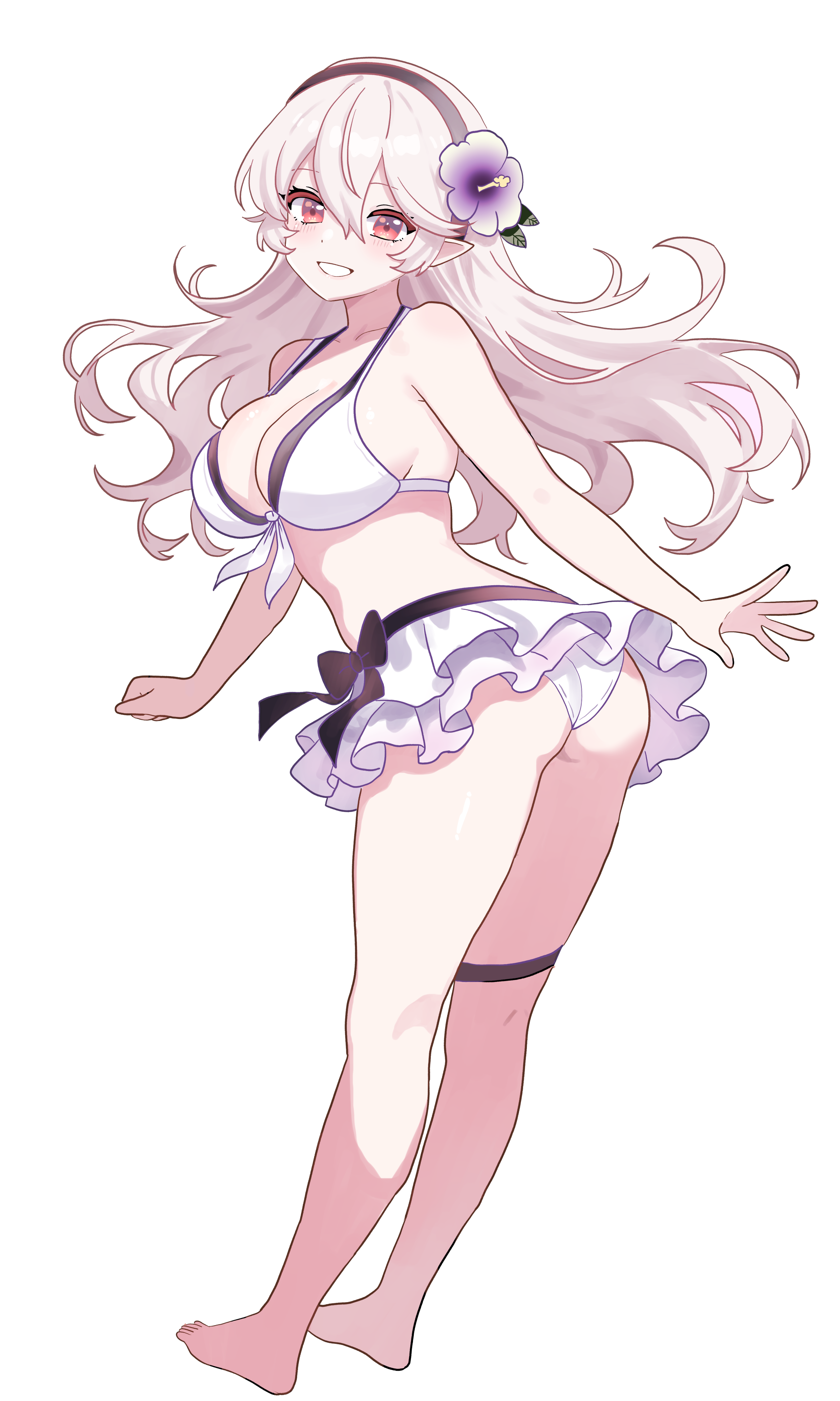1girl absurdres ass barefoot bikini bikini_skirt black_hairband blush breasts cleavage female_corrin_(fire_emblem) female_corrin_(novice_vacationer)_(fire_emblem) fire_emblem fire_emblem_fates fire_emblem_heroes flower full_body grey_hair hair_between_eyes hair_flower hair_ornament hairband highres large_breasts long_hair looking_at_viewer looking_back n_54 nintendo official_alternate_costume pointy_ears red_eyes skindentation smile solo swimsuit transparent_background white_bikini