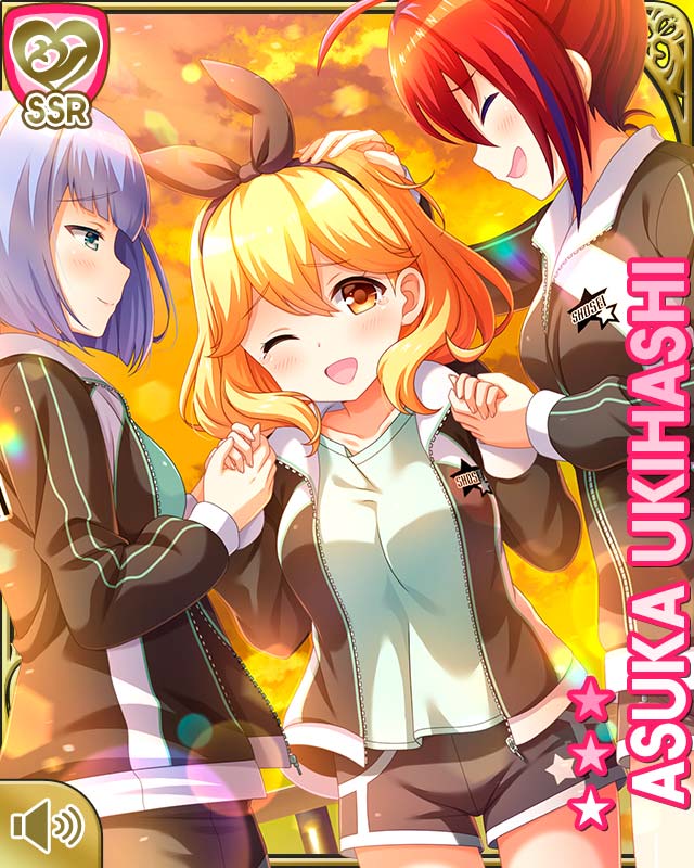 3girls :d ;d blonde_hair blue_eyes blue_hair bow breasts brown_eyes card_(medium) closed_eyes closed_mouth evening girlfriend_(kari) grey_jacket grey_pants grey_shorts hair_bow jacket long_hair medium_breasts multiple_girls naoe_yu official_art one_eye_closed open_clothes open_jacket open_mouth orange_background outdoors pants ponytail purple_eyes qp:flapper red_hair school_uniform shirt short_hair shorts smile sorimachi_botan sunset tagme thighhighs ukihashi_asuka white_shirt white_thighhighs