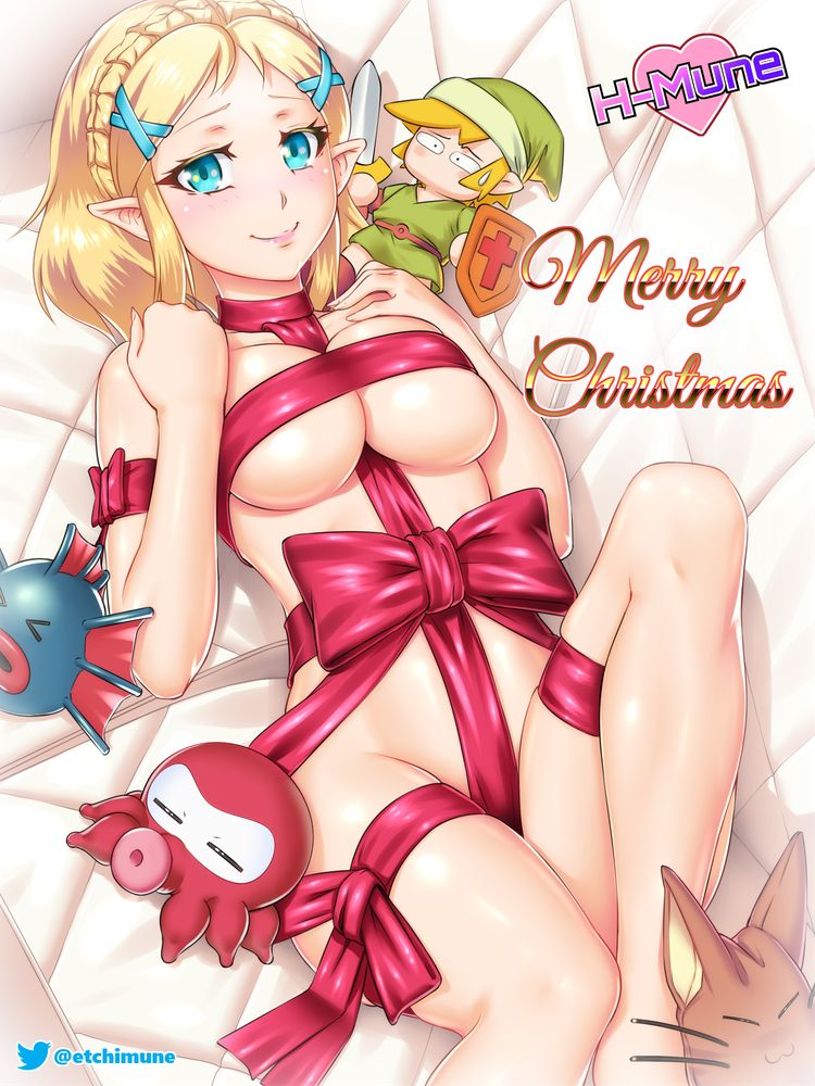 1girl aqua_eyes barefoot between_breasts blonde_hair blush bow braid breasts character_doll choker cleavage commentary couch crotch_ribbon crotch_strap crown_braid english_commentary english_text etchimune hair_ornament leg_ribbon link lips looking_at_viewer lying medium_breasts naked_ribbon nintendo octorok on_back on_couch parted_bangs pointy_ears princess_zelda red_bow red_choker red_ribbon ribbon short_hair sidelocks skindentation smile solo_focus the_legend_of_zelda the_legend_of_zelda:_breath_of_the_wild the_legend_of_zelda:_tears_of_the_kingdom thigh_ribbon thighs underboob x_hair_ornament