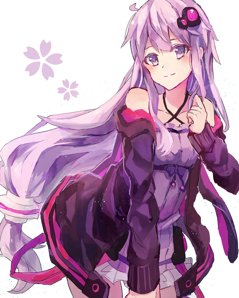 1girl alternate_hair_color alternate_hair_length alternate_hairstyle animal_ears animal_hood bad_id bad_nicoseiga_id bare_shoulders breasts collarbone dress female_focus hair_ornament hood hood_down hooded_jacket hoodie jacket long_hair looking_at_viewer low-tied_long_hair purple_dress purple_eyes purple_hair rabbit_ears rabbit_hood smile solo strapless strapless_dress suisetsu_mizuna tube_dress vocaloid voiceroid yuzuki_yukari