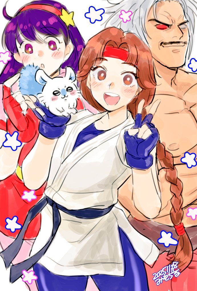 2girls asamiya_athena braid braided_ponytail dougi dress female_focus hairband karate_gi long_hair looking_at_viewer misodiru multiple_girls omega_rugal pale_skin pants purple_eyes purple_hair rugal_bernstein smile smiley_face spandex standing star_(symbol) the_king_of_fighters yoga_pants yuri_sakazaki