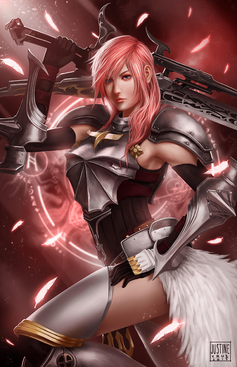 1girl arm_up armor breastplate feathers final_fantasy final_fantasy_xiii gauntlets highres holding holding_sword holding_weapon justinetutubi leg_armor lightning_farron long_hair looking_at_viewer shoulder_armor solo sword weapon