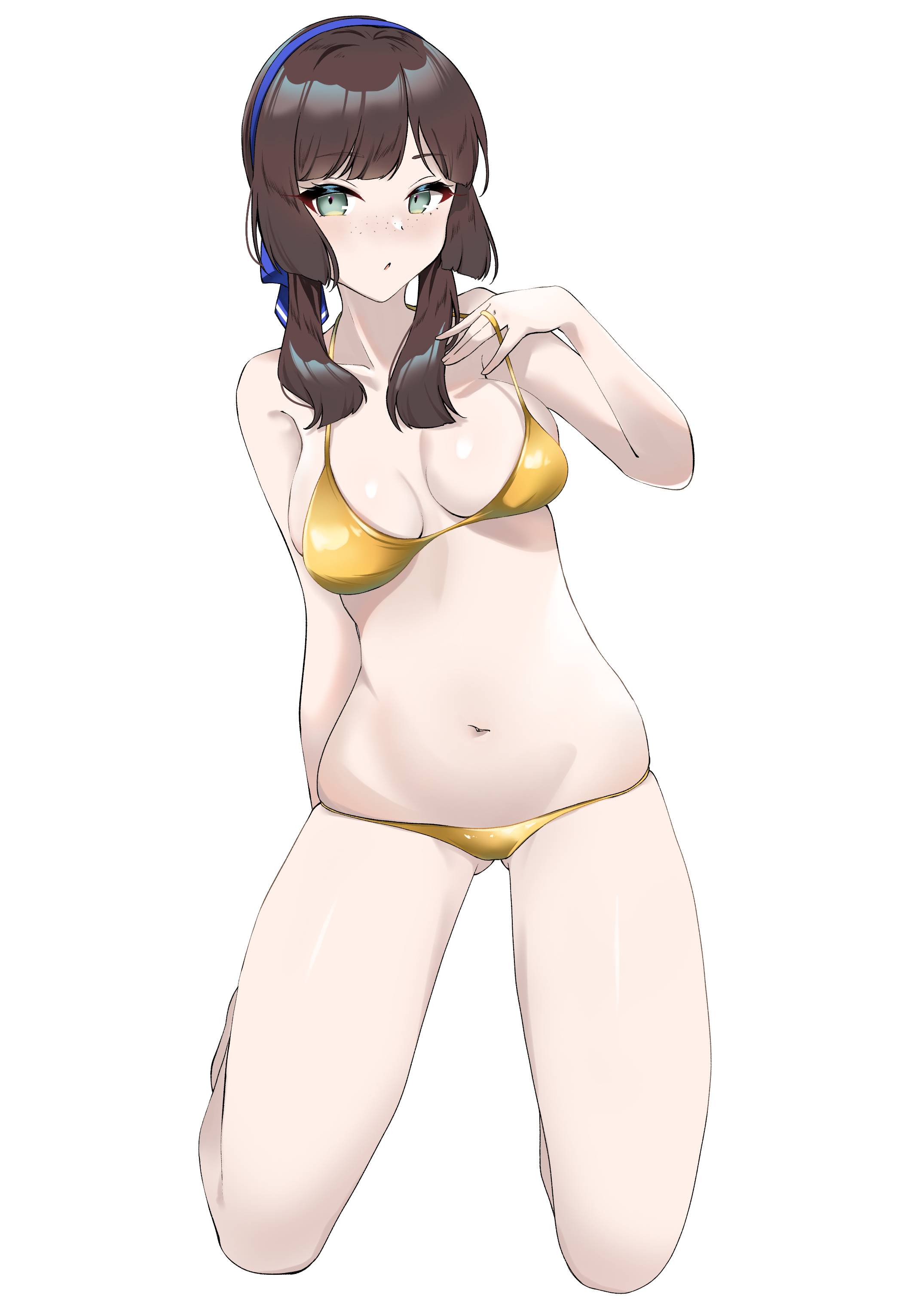 1girl absurdres bikini blue_hairband blunt_sidelocks breasts brown_hair freckles gluteal_fold gold_bikini green_eyes hairband highres kantai_collection long_hair looking_at_viewer medium_breasts mogador_(kancolle) navel shiratsuki_azu simple_background solo swimsuit white_background