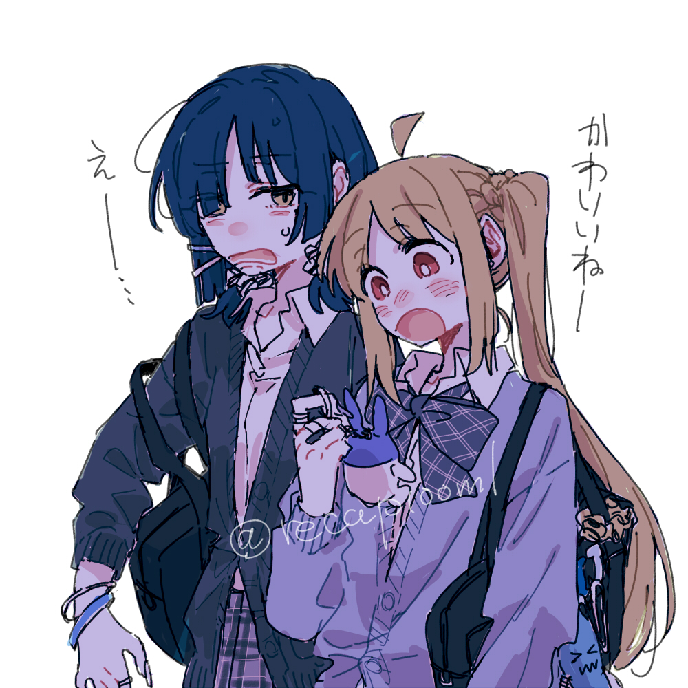 2girls abg ahoge blonde_hair blue_hair bocchi_the_rock! ijichi_nijika multiple_girls ree_(re-19) school_uniform side_ponytail yamada_ryo