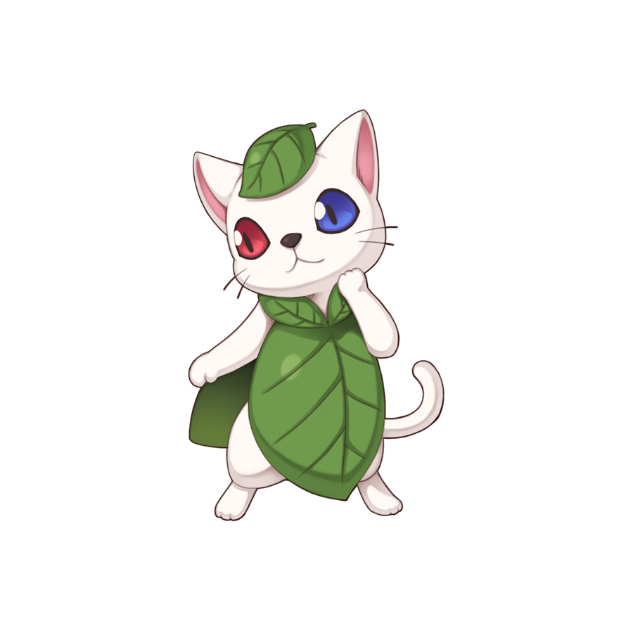 :3 animal_focus blue_eyes cat chibi chibi_only closed_mouth full_body heterochromia leaf leaf_cat leaf_on_head no_humans official_art rearing ragnarok_online red_eyes simple_background smile solo transparent_background whiskers white_cat yuichirou