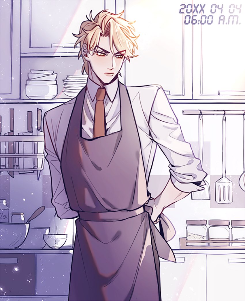 1boy apron blonde_hair collared_shirt cooking dated dio_brando dishes annoyed hako_iix07 indoors ingredients jojo_no_kimyou_na_bouken kitchen knife male_focus necktie phantom_blood red_eyes red_necktie ribbon salt shirt short_hair solo spatula timestamp