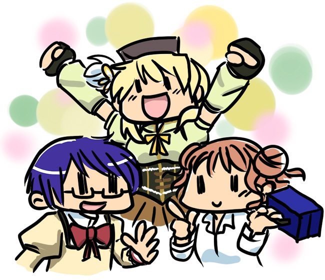 3girls blonde_hair blue_hair brown_hair cosplay creator_connection crossover drill_hair glasses gotou_yuuko hat hidamari_sketch hiro_(hidamari_sketch) kaname_junko kaname_junko_(cosplay) magical_girl mahou_shoujo_madoka_magica mahou_shoujo_madoka_magica_(anime) miyako_(hidamari_sketch) mizuhashi_kaori mukiki multiple_girls open_mouth sae_(hidamari_sketch) school_uniform shintani_ryouko shizuki_hitomi shizuki_hitomi_(cosplay) short_hair smile tomoe_mami tomoe_mami_(cosplay) tomoe_mami_(magical_girl) twintails voice_actor_connection |_| ||_||