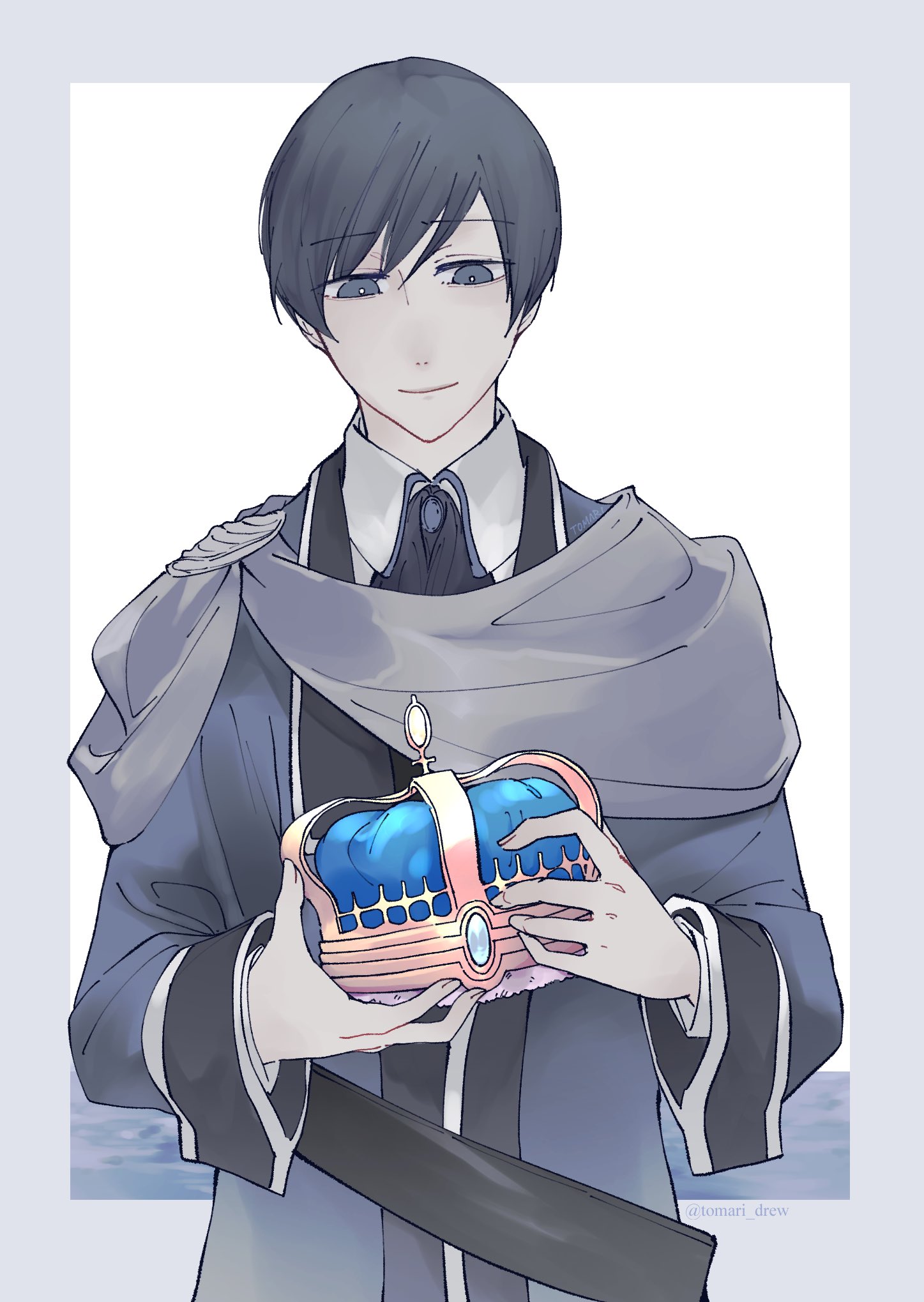 1boy aku_no_musume_(vocaloid) aqua_gemstone ascot black_ascot blue_crown blue_eyes blue_hair cape collared_shirt crown epaulettes gem grey_cape grey_scarf highres holding holding_crown kaito_(vocaloid) kyle_marlon light_smile looking_at_object looking_down male_focus michaela_(evillious_nendaiki) muted_color ocean scarf shirt short_hair single_epaulette solo spot_color swept_bangs tomari_drew upper_body vocaloid white_shirt