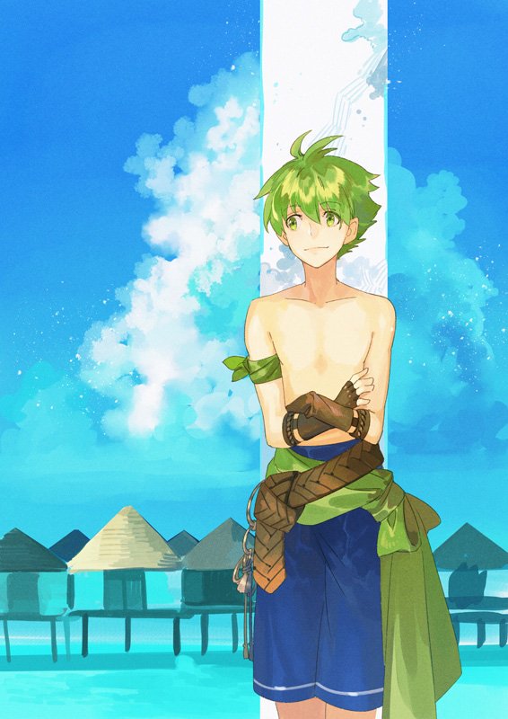 1boy bare_pectorals blue_sky day fire_emblem fire_emblem:_the_binding_blade green_eyes green_hair leaning_on_object male_focus nintendo noki_(affabile) outdoors pectorals shorts sky smile solo wolt_(fire_emblem) wolt_(summer)_(fire_emblem)
