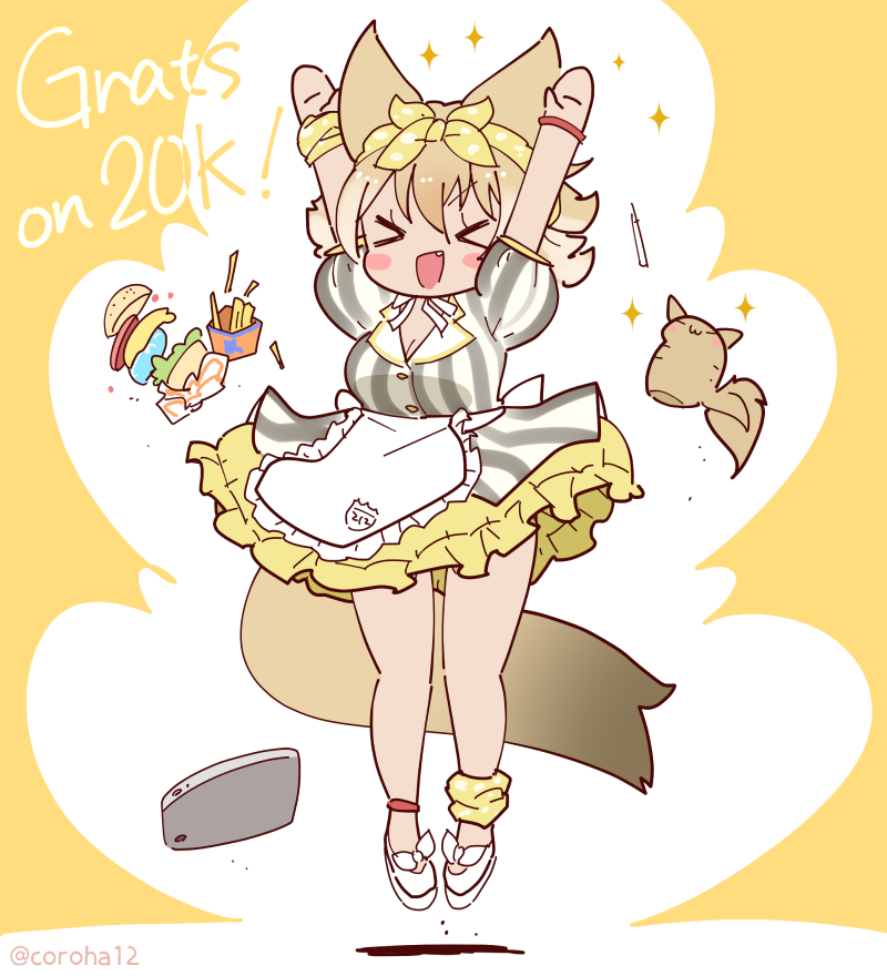 1girl animal_ears apron arms_up blonde_hair bracelet burger choker closed_eyes coroha coyopotato coyote_(kemono_friends) dress extra_ears food full_body jewelry jumping kemono_friends kemono_friends_v_project potato ribbon shoes short_hair simple_background skirt tail tray virtual_youtuber wolf_ears wolf_girl wolf_tail yellow_background