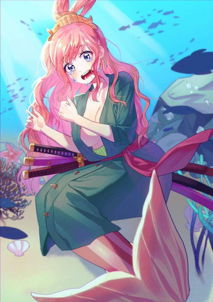 1girl breasts cleavage cosplay crying japanese_clothes large_breasts long_hair mermaid monster_girl no_bra one_piece open_clothes pink_hair ponytail roronoa_zoro roronoa_zoro_(cosplay) shirahoshi solo underwater