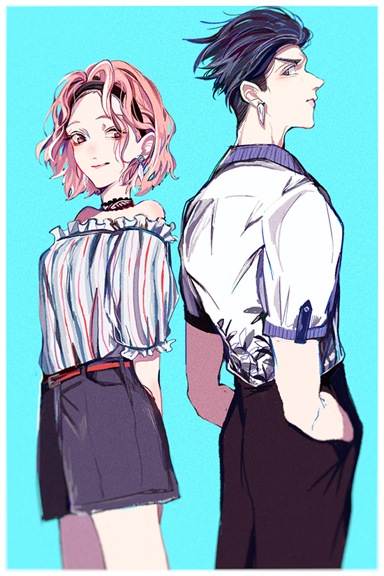1boy 1girl alternate_costume black_hair closed_mouth commentary_request diamond_wa_kudakenai earrings hairband hands_in_pockets jewelry jojo_no_kimyou_na_bouken kishibe_rohan blue_background looking_at_another mizudama no_headband off_shoulder pants pink_eyes pink_hair short_hair short_sleeves shorts smile sugimoto_reimi