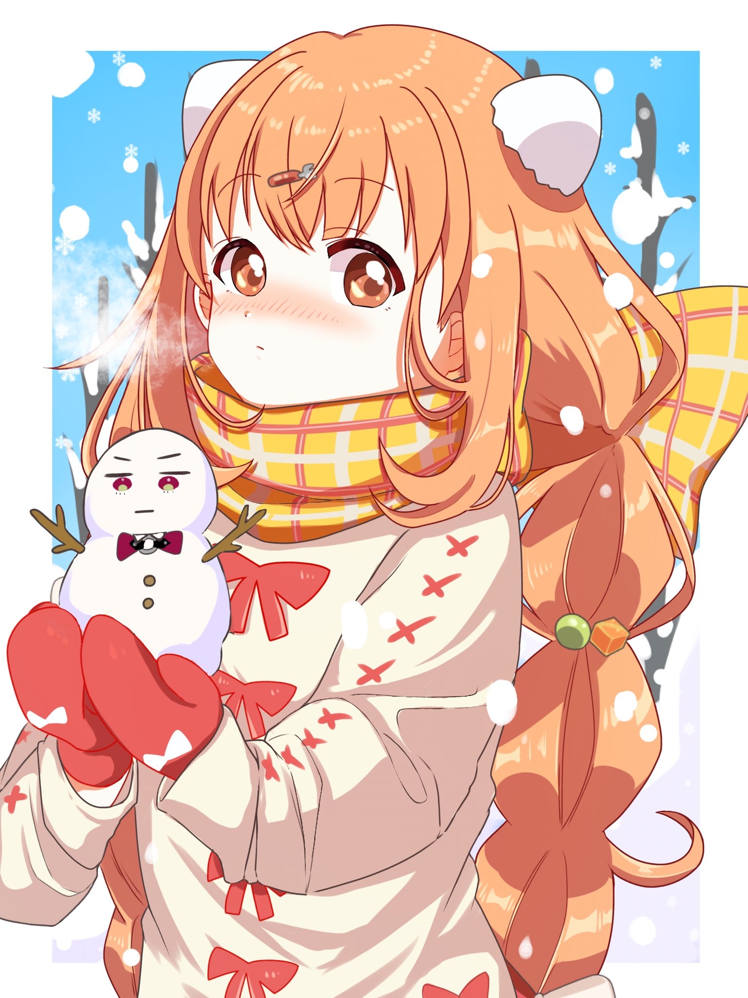 1girl blush border bow braid brown_eyes closed_mouth cold cube_hair_ornament egg_hair_ornament food-themed_hair_ornament fork_hair_ornament hair_ornament hairpin highres holding_snowman kirara_tamako long_hair looking_at_viewer low_twin_braids mittens nijisanji omochi1555 orange_hair plaid_clothes plaid_scarf scarf scarf_bow snow snowman solo sweater twin_braids virtual_youtuber winter_clothes yellow_scarf