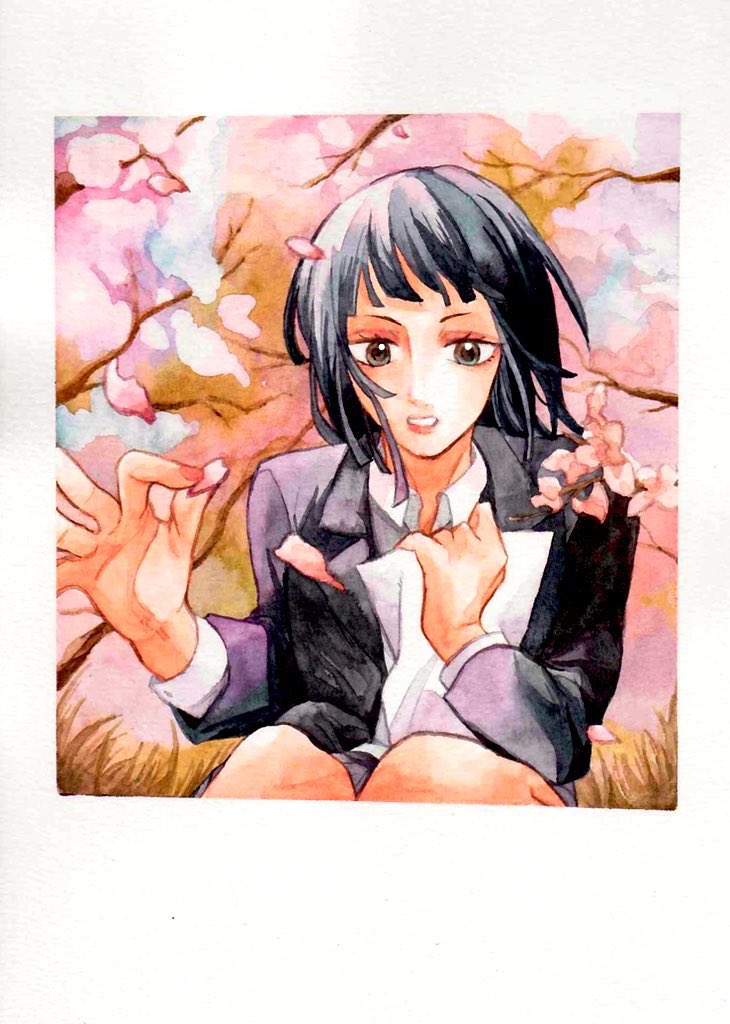 1girl black_hair blunt_bangs cherry_blossoms collared_shirt eyeshadow holding holding_paper holding_petal looking_at_viewer makeup medium_hair nico_robin one_piece paper parted_lips petals pink_nails pink_petals shirt sinoda_maru7326 solo squatting traditional_media