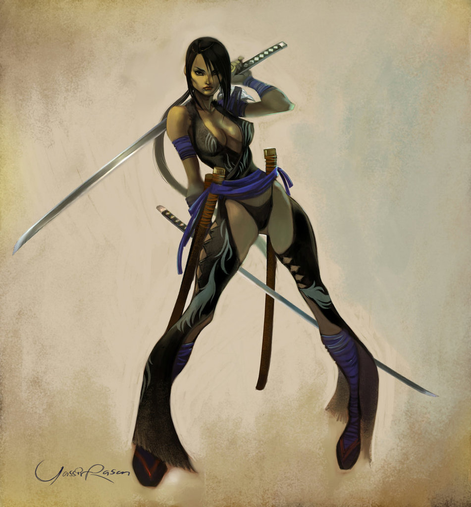1girl black_hair breasts cleavage dual_wielding female_focus hair_over_one_eye holding katana panties ponytail revealing_clothes sandals scabbard seeso2d sheath shura_(soulcalibur) skull solo soul_calibur soulcalibur soulcalibur_iv sword thong underwear weapon