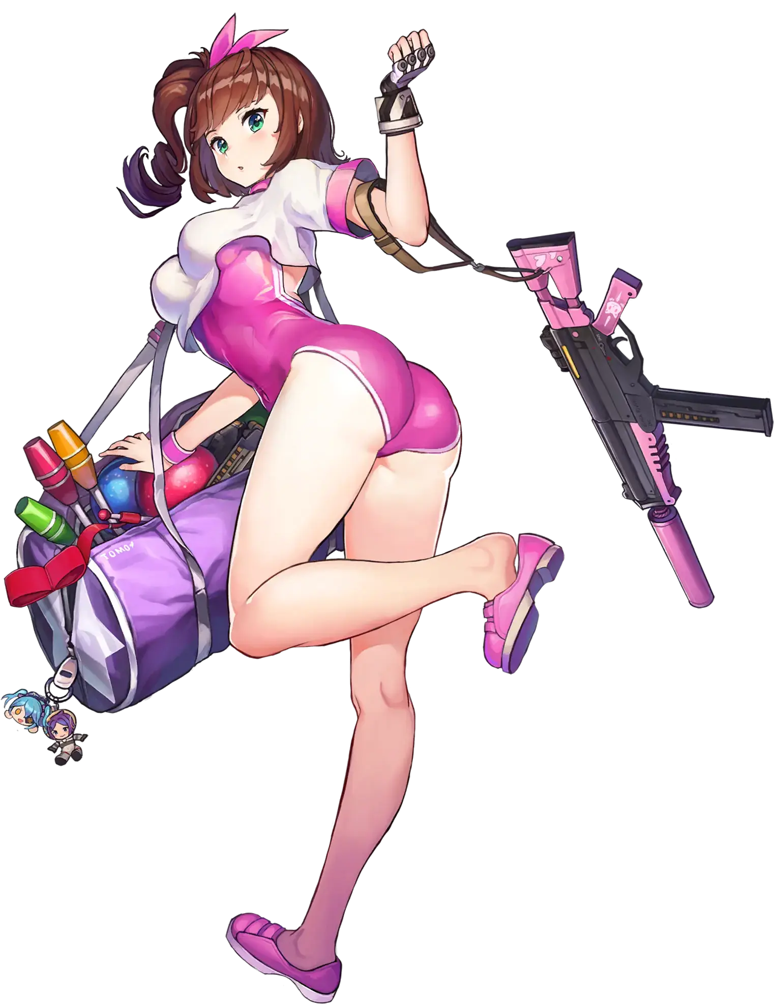 1girl arched_back ass athletic_leotard bag bag_charm ball black_gloves blush breasts brown_hair character_name charm_(object) clenched_hand coco_mercury covered_erect_nipples crop_top crop_top_overhang drill_hair duffel_bag fingerless_gloves full_body game_cg gloves green_eyes gun gym_shirt gym_uniform gymnastics hair_ribbon hand_up highleg highres juggling_club kneepits last_origin leg_up legs leotard leotard_under_clothes looking_at_viewer looking_back lrl_(last_origin) magazine_(weapon) medium_breasts medium_hair multicolored_gloves official_art one_side_up open_bag paintale parted_lips pink_leotard pink_ribbon pink_shoes red_ribbon rhythmic_gymnastics ribbon ribbon_baton rifle shirt shoe_dangle shoes short_sleeves single_glove solo standing standing_on_one_leg star_(symbol) star_print strap suppressor tachi-e thighs tomo_(last_origin) transparent_background unzipped weapon white_gloves white_shirt wristband zipper zipper_pull_tab