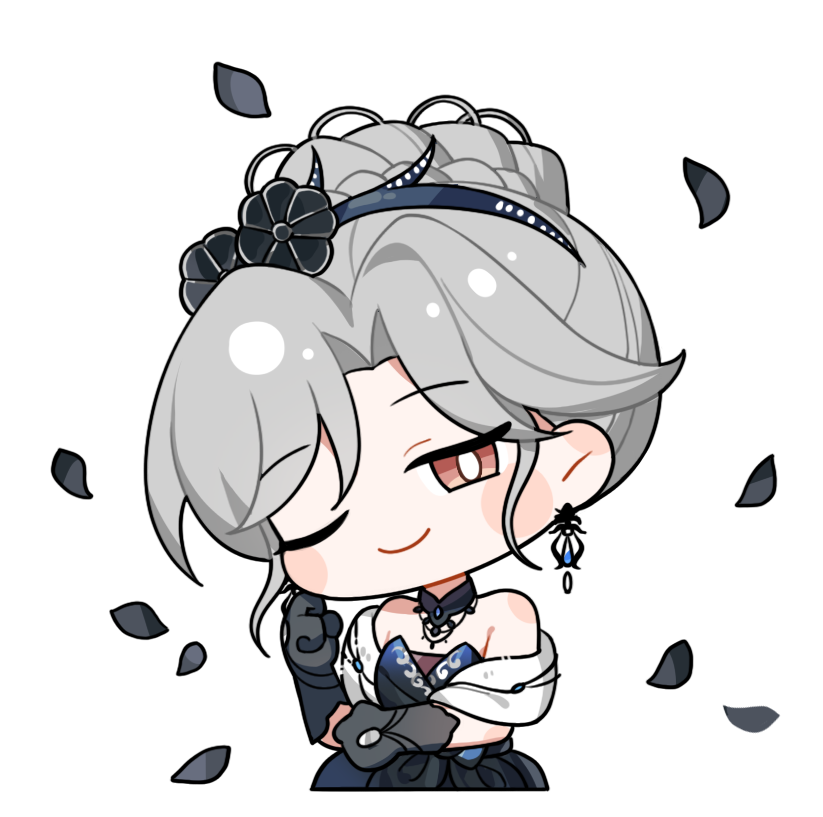 1girl artist_request black_collar black_flower black_gloves blue_dress blue_hairband blush_stickers bright_pupils brown_eyes bun_with_braided_base chibi closed_mouth collar cropped_legs detached_collar dress earrings flower fur_shawl gloves grey_hair hair_bun hair_flower hair_ornament hairband half-closed_eye hand_on_own_cheek hand_on_own_elbow hand_on_own_face happy head_tilt infinity_nikki jewelry necklace nikki_(series) official_art one_eye_closed petals shawl short_hair single_hair_bun smile solo spectral_mist_(infinity_nikki) strapless strapless_dress transparent_background white_pupils white_shawl