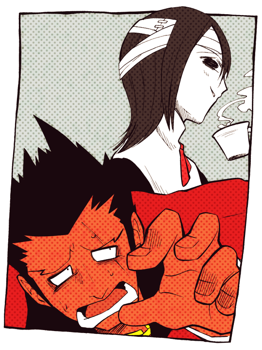 1boy 1girl ace_attorney black_hair blush cup dress furio_tigre holding jacket looking_at_another minashirazu neck_ribbon open_mouth phoenix_wright:_ace_attorney_-_trials_and_tribulations red_ribbon ribbon short_hair smile spiked_hair steam sweatdrop upper_body viola_cadaverini