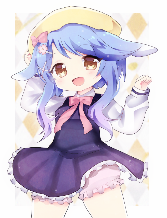 1girl animal_ears arms_up azur_lane bad_id bad_pixiv_id bloomers blue_dress blue_hair brown_eyes dress flower hair_flower hair_ornament hairclip hand_on_headwear hat minazuki_(azur_lane) nohoshio open_mouth rabbit_ears shirt short_dress short_hair smile solo underwear white_shirt wind wind_lift yellow_hat
